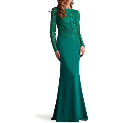 Tadashi Shoji Embroidered Leaf Print Long Sleeve Gown In Emerald