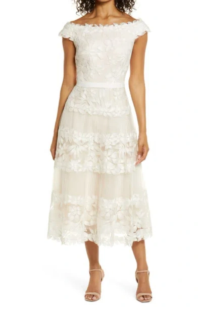 Tadashi Shoji Embroidered Off The Shoulder Midi Dress In Ivory/petal