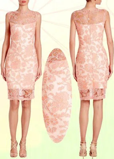 Pre-owned Tadashi Shoji Embroidered Peony Lace Illusion Coral Blush Cocktail Dress In Pink