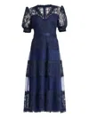 Tadashi Shoji Embroidered Lace Tiered Midi Dress In Blue