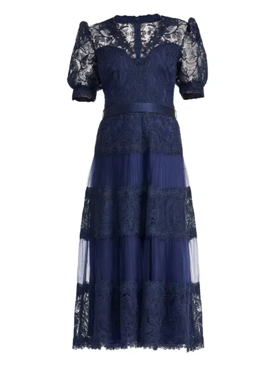 Tadashi Shoji Embroidered Pleated Midi Dress In Blue
