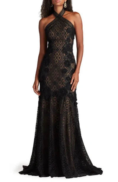 Tadashi Shoji Embroidered Sequin Lace Halter Neck Gown In Brown