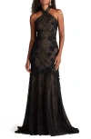 Tadashi Shoji Embroidered Sequin Lace Halter Neck Gown