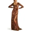 Tadashi Shoji Embroidered Sequin Lace Long Sleeve Gown In Mushroom