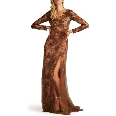 Tadashi Shoji Embroidered Sequin Lace Long Sleeve Gown In Mushroom