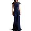 Tadashi Shoji Embroidered Side Ruched Cap Sleeve Gown In Midnight