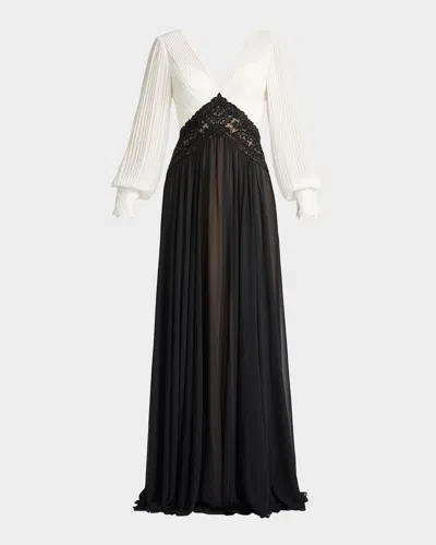 Tadashi Shoji Embroidered Two-tone Georgette Gown In Black