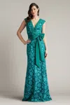 Tadashi Shoji Sleeveless Bow-front Floral Lace Gown In Green
