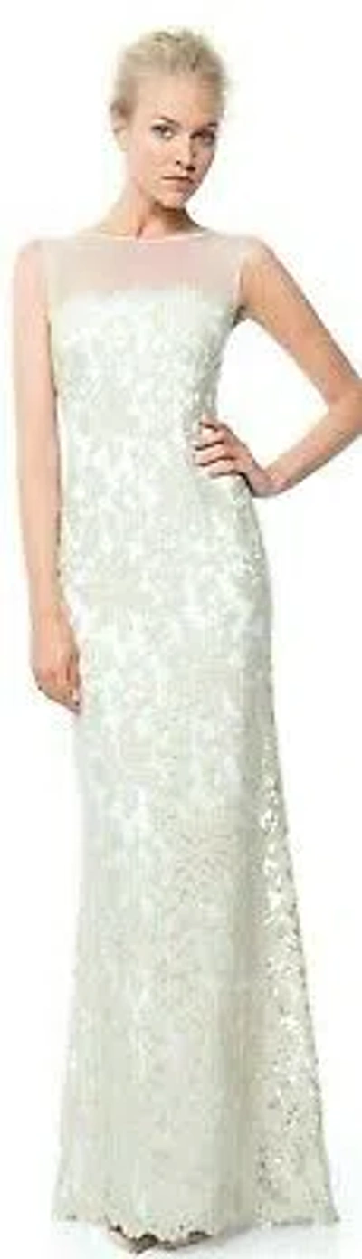 Pre-owned Tadashi Shoji Feather Sheer Illusion Neckline Lace Sleeveless Dress Gown In Ivory Beige