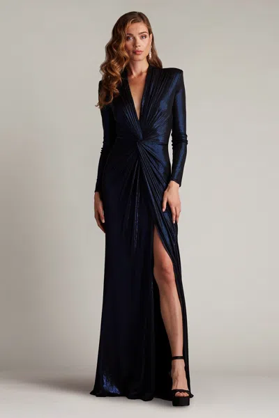 Tadashi Shoji Ferrum Metallic Twist Drape Gown In Blue