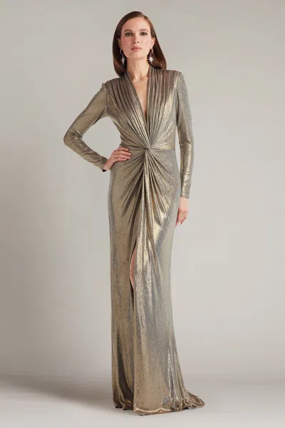 TADASHI SHOJI FERRUM METALLIC TWIST DRAPE GOWN