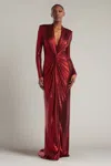 Tadashi Shoji Draped Twist-front Long-sleeve Gown In Red