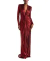 Tadashi Shoji Draped Twist-front Long-sleeve Gown In Red