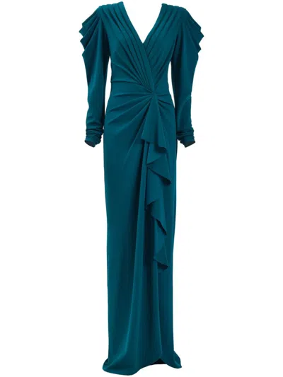 Tadashi Shoji Finch Waterfall Draped Gown In Tea Leaf