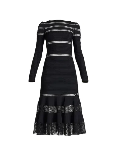 Tadashi Shoji Fiora Lace-panelled Fluted Midi Dress In Black