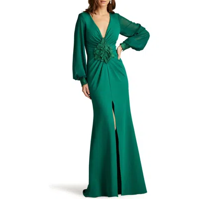Tadashi Shoji Sahana Bishop Sleeve Plunge Gown In Green