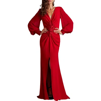 Tadashi Shoji Floral Detail Long Sleeve Crepe Chiffon Gown In Multi