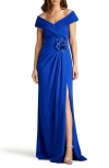 Tadashi Shoji Pleated Off-the-shoulder Gown In Blue Bell