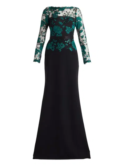 Tadashi Shoji Floral Lace Embroidery Long Sleeve Gown In Black