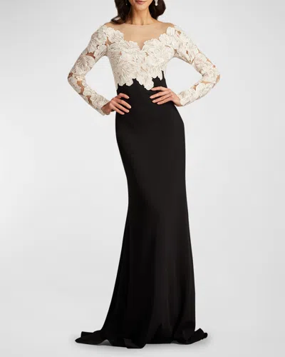 Tadashi Shoji Floral-embroidered Crepe Trumpet Gown In Ivoryblack