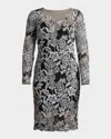 Tadashi Shoji Floral Embroidered Tulle Long Sleeved Dress In Ivoryblack