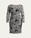 Tadashi Shoji Floral Embroidered Tulle Long Sleeved Dress In Ivoryblack