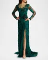 Tadashi Shoji Floral-embroidered Lace And Tulle Column Gown In Emerald/black