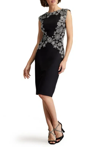 Tadashi Shoji Floral Embroidered Lace Sheath Dress In Ivory/black