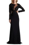 Tadashi Shoji Textured Crepe Bloom Embroidered Long Sleeve Gown In Black/nude