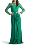 Tadashi Shoji Floral Embroidery Long Sleeve Mixed Media Gown In Aloe Green