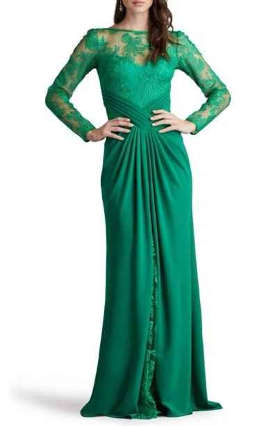 Tadashi Shoji Floral Embroidery Long Sleeve Mixed Media Gown In Aloe Green