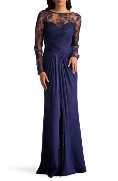 TADASHI SHOJI TADASHI SHOJI FLORAL EMBROIDERY LONG SLEEVE MIXED MEDIA GOWN
