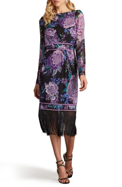 Tadashi Shoji Floral Fringe Detail Long Sleeve Dress In Multi