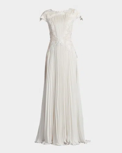TADASHI SHOJI FLORAL LACE & PLEATED CHIFFON GOWN