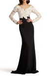Tadashi Shoji Floral-embroidered Crepe Trumpet Gown In Ivory/black