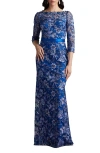 Tadashi Shoji Bateau-neck Embroidered Lace Gown In Blue Bell