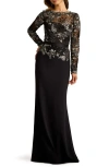 Tadashi Shoji Textured Crepe Paillette Embroidered Gown In Black/silver