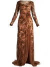 Tadashi Shoji Embroidered Sequin Lace Long Sleeve Gown In Mushroom