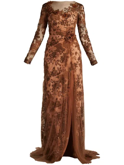 Tadashi Shoji Embroidered Sequin Lace Long Sleeve Gown In Mushroom