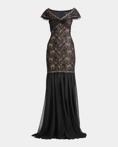 Tadashi Shoji Off The Shoulder Mixed Media Lace Gown In Black