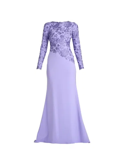Tadashi Shoji Floral Embroidered Long Sleeve Mermaid Gown In Purple