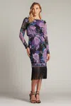 Tadashi Shoji Floral Fringe Detail Long Sleeve Dress In Multi
