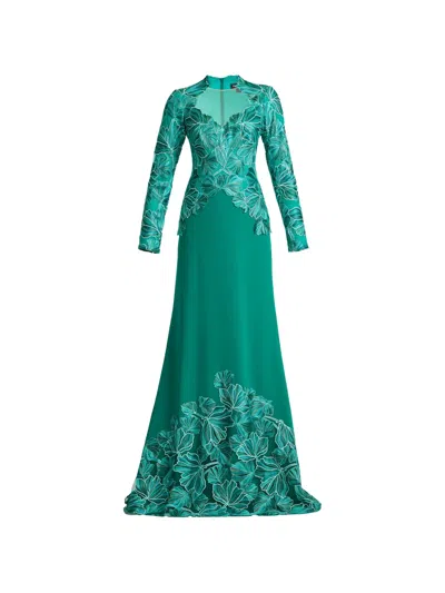 Tadashi Shoji Embroidered Detail Long Sleeve Gown In Blue