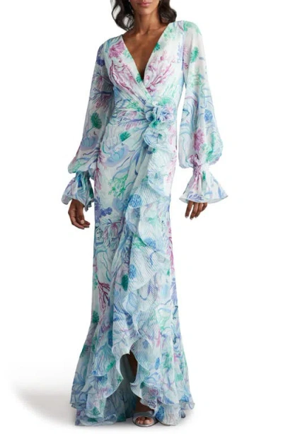 Tadashi Shoji Floral Long Sleeve Ruffle Gown In Bright Aqua