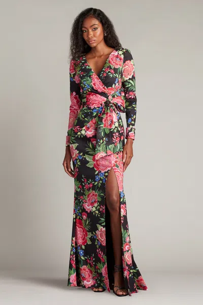 Tadashi Shoji Floral Long Sleeved Slit Gown In Multi