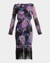 Tadashi Shoji Floral Fringe Detail Long Sleeve Dress In Black/purple Floral