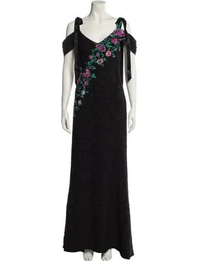 Pre-owned Tadashi Shoji Floral Print Long Dress In Black