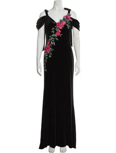 Pre-owned Tadashi Shoji Floral Print Long Dress In Black