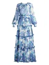 Tadashi Shoji Long Sleeve Ruffled Tiered Gown In Blue