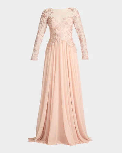 Tadashi Shoji Illusion Lace Embroidered Sleeve Gown In White